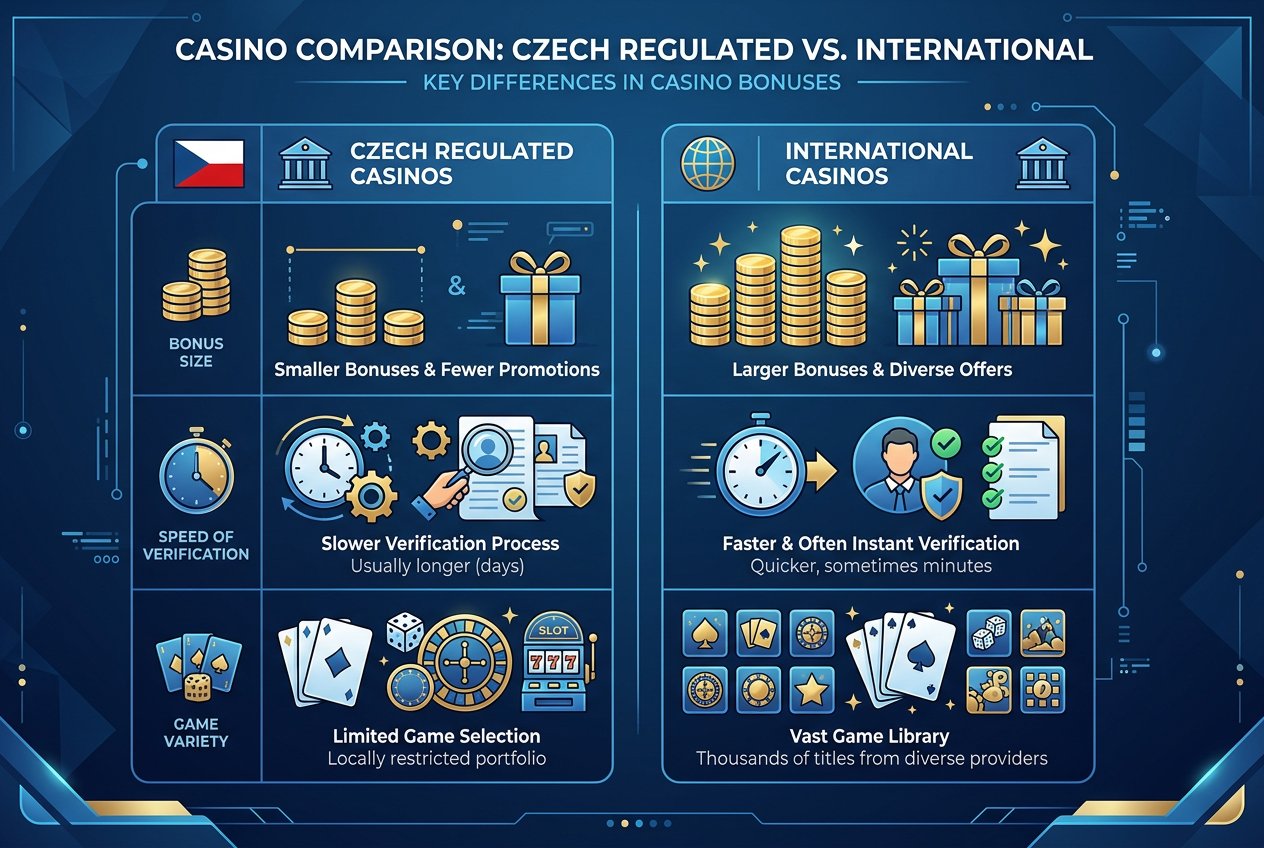 Infografika srovnávající bonusy českých a zahraničních kasin v roce 2026