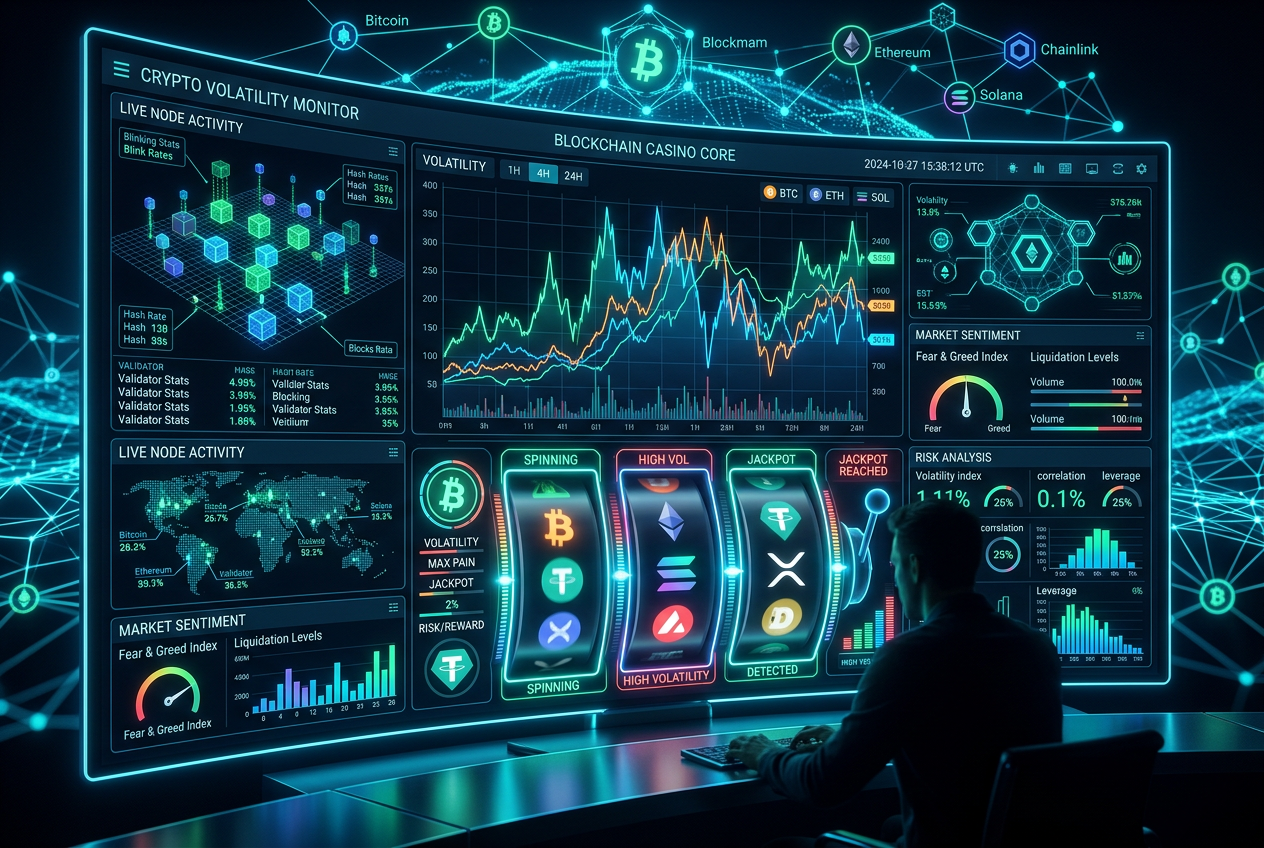 Analýza dat krypto kasina na futuristické obrazovce s grafy volatility