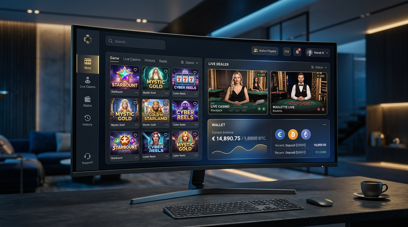 Moderní rozhraní zahraničního online casina s krypto platbami.