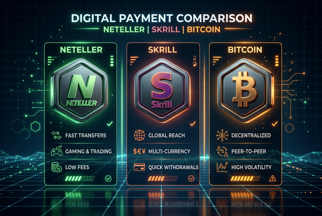 Srovnání ikon Neteller a Bitcoin na futuristickém digitálním pozadí